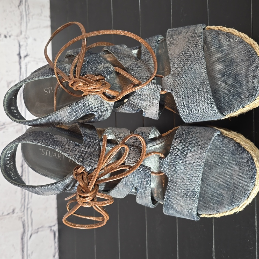 Stuart Weitzman Denim and Tan Espadrilles-Style Wedge Sandals Size 8.5 - Picture 7 of 10